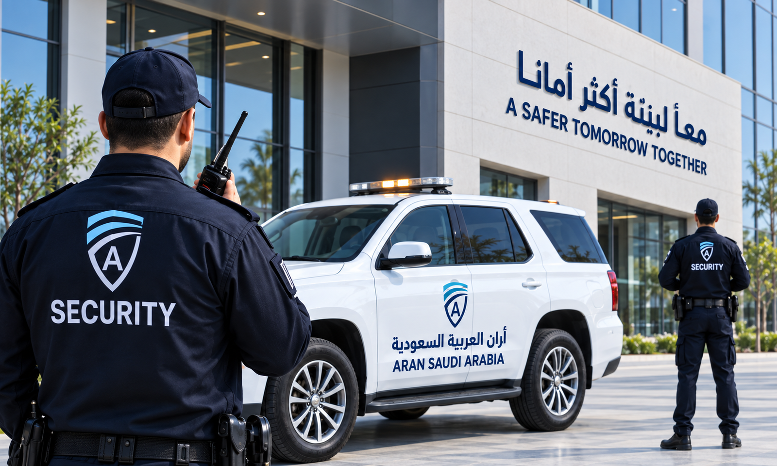 فريق آران وحراس الأمن أمام مقر الشركة